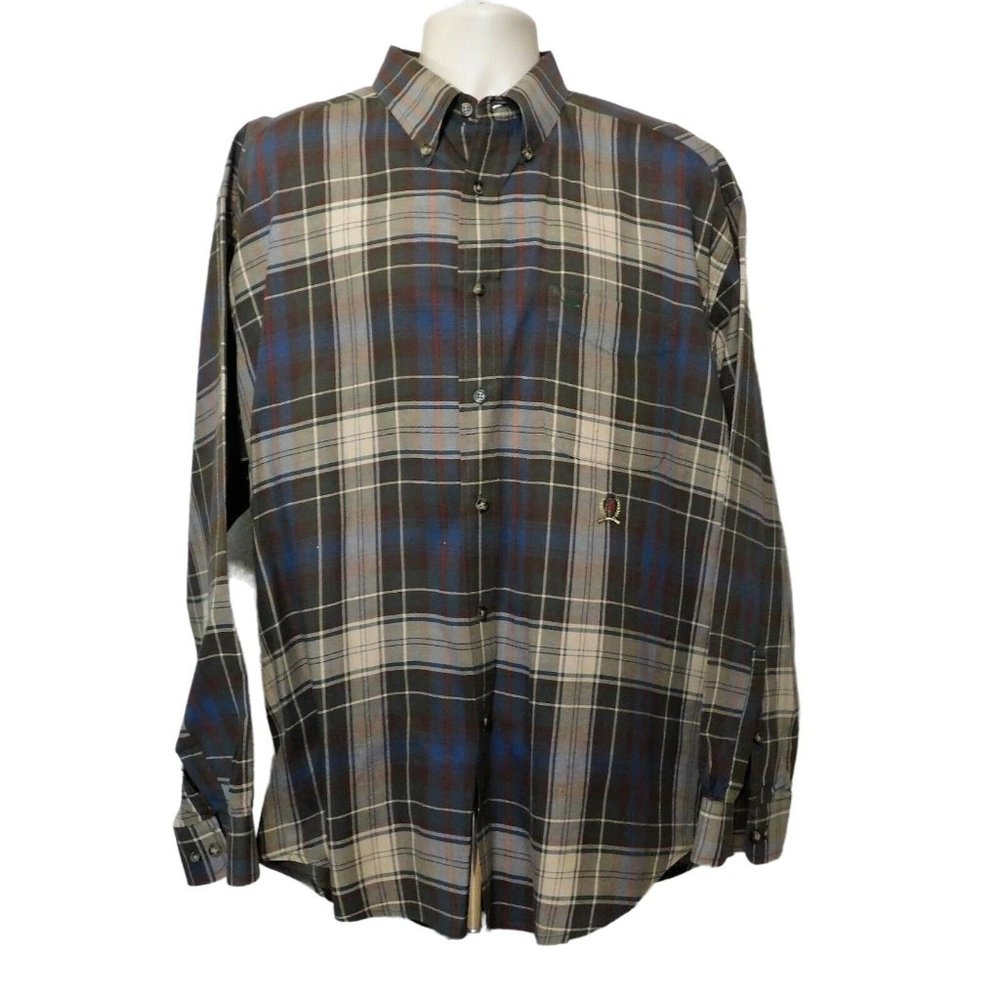 Tommy Hilfiger Shirt XL Brown Plaid Long Sleeve Casual 100% Cotton